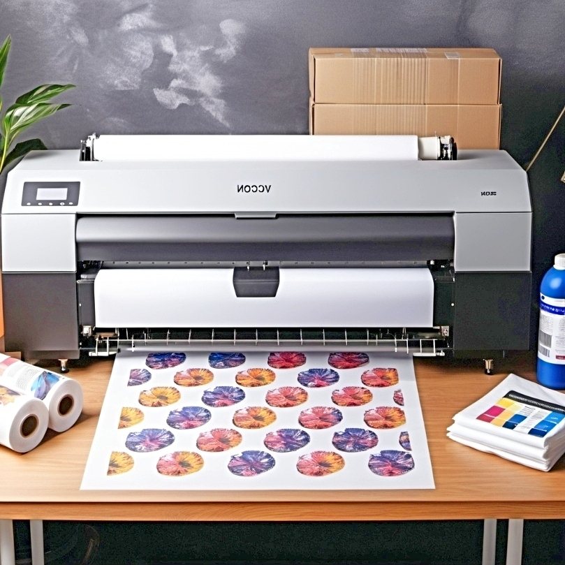 A sublimation printer is surrounded by several supplies on a brown desk