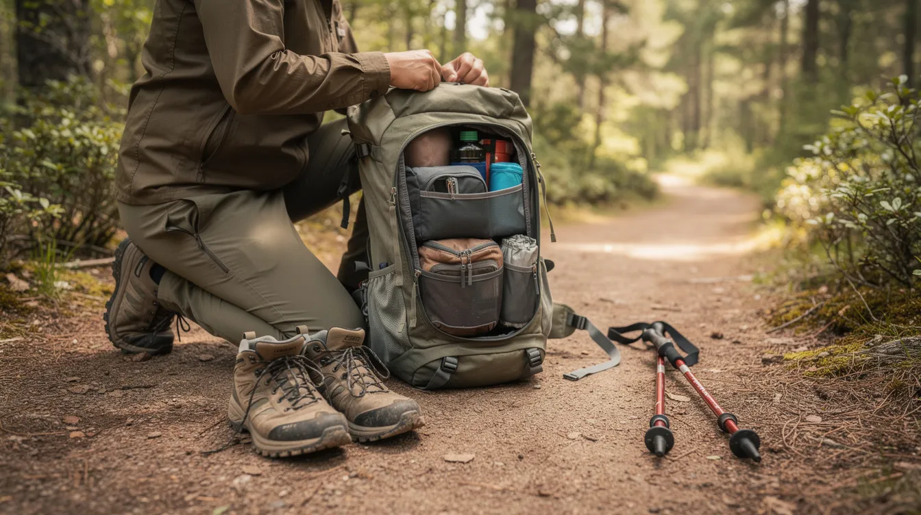 A hiker is organizing essential items into a backpack next to trail shoes and trekking poles, preparing for an outdoor adventure. The gear set is designed for durability and functionality, ensuring a great experience on the trails.