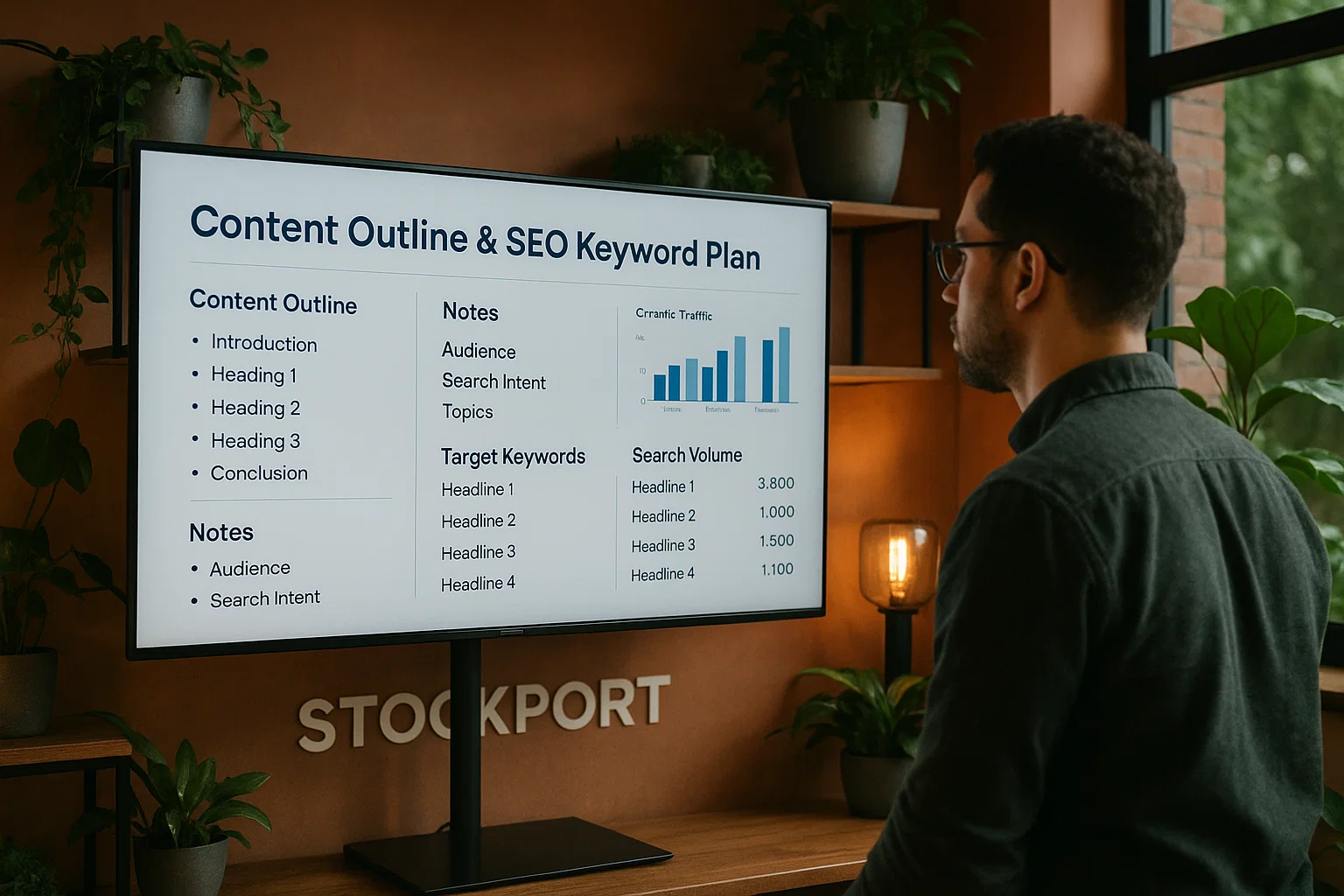 Marketing strategist planning SEO content and link building strategy on a plasma tv in a modern Stockport office.