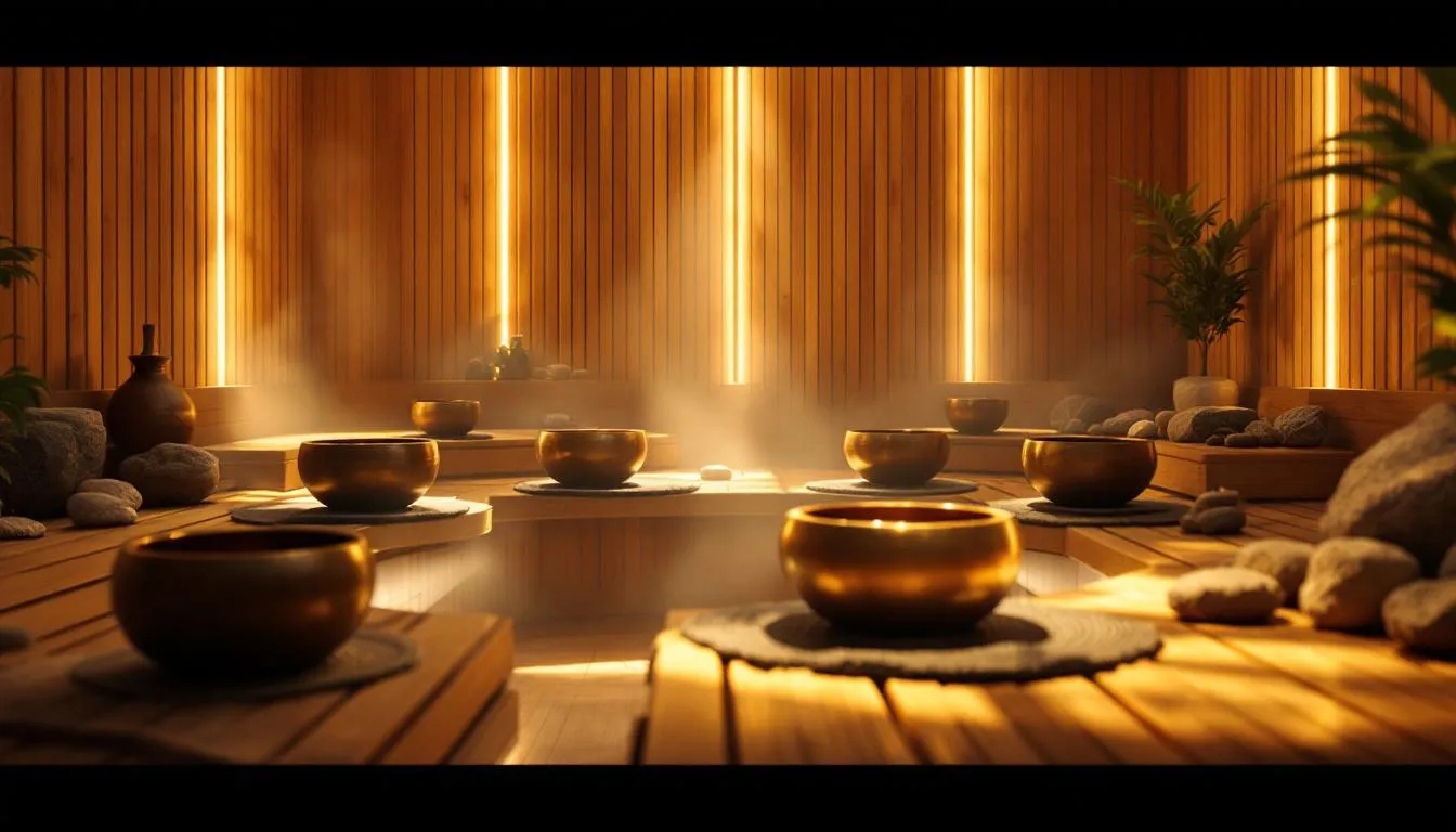 A serene sauna environment with sound bowls, exploring the use of sound bowls in sauna spaces.