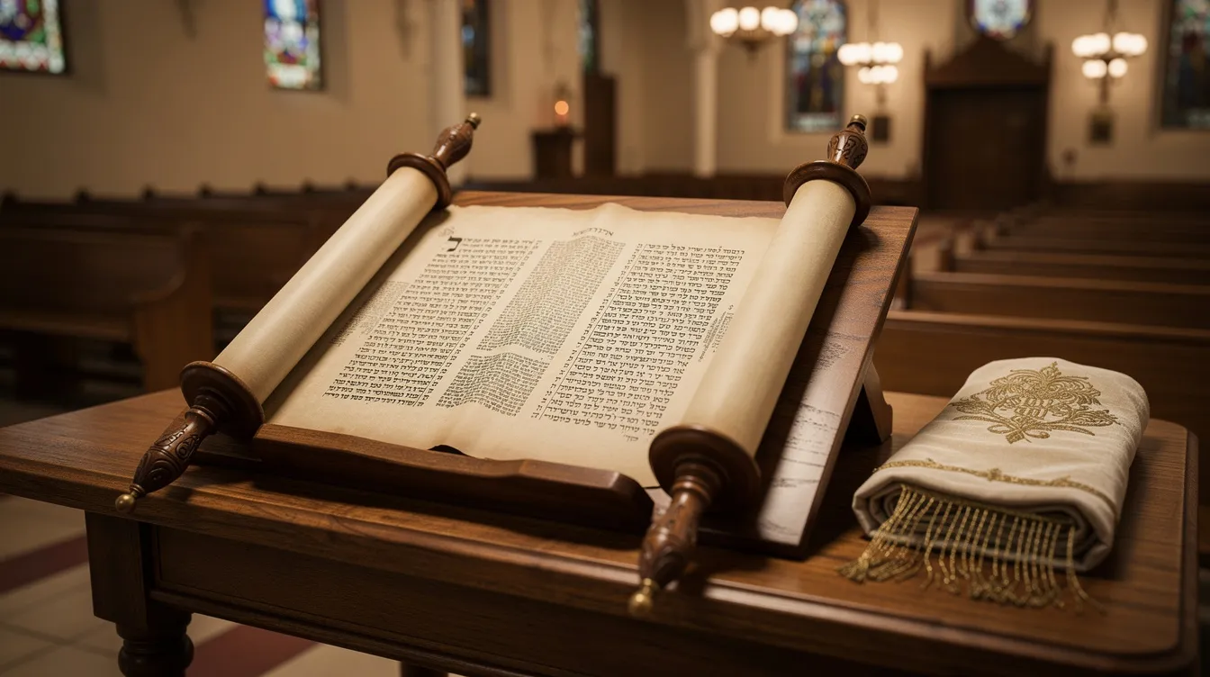 An open Torah scroll rests on a wooden reading table in a synagogue, symbolizing the Jewish faith and tradition. The scroll contains sacred texts, including the Shema prayer, which emphasizes the love and unity of God, a central element in Jewish worship.