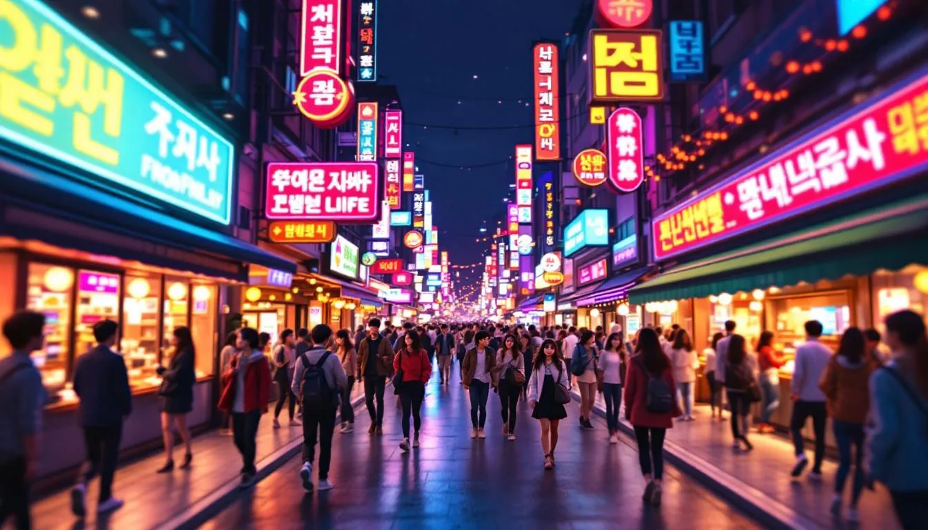 A lively nightlife scene in Itaewon, with colorful lights and people enjoying the vibrant atmosphere