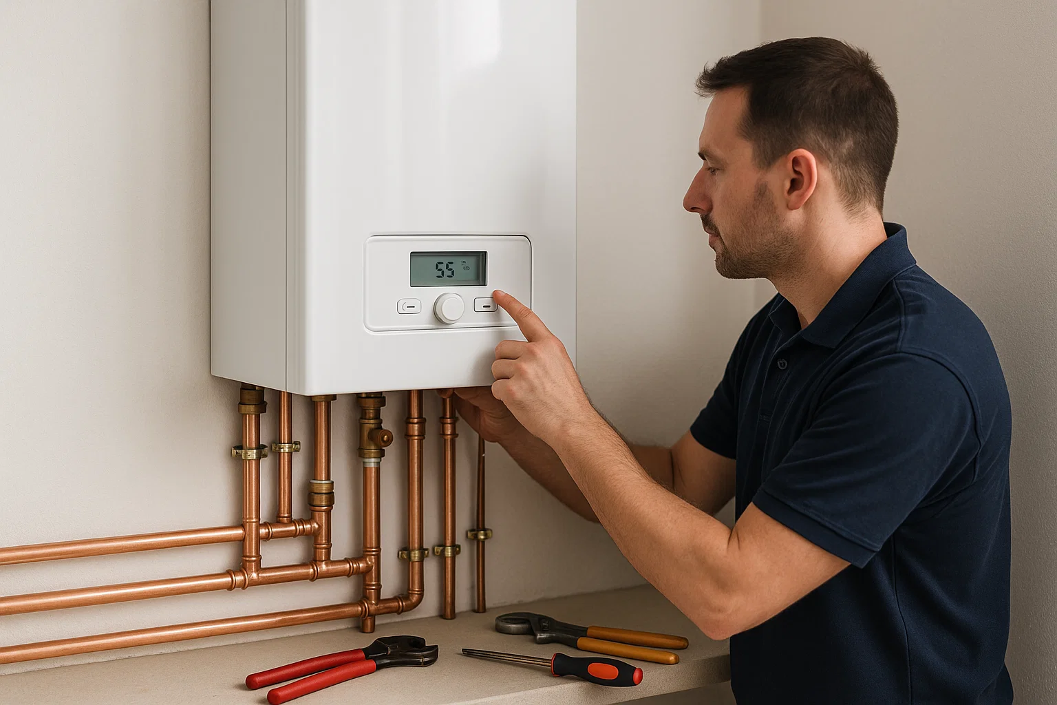 Gas engineer installing a new A-rated boiler to replace an older model in a Cheshire home.