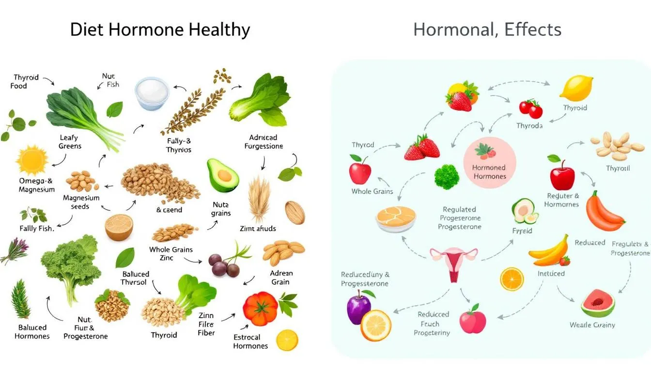 The image illustrates a colorful plate filled with a balanced diet of fruits, vegetables, whole grains, and healthy fats, emphasizing the importance of dietary choices in maintaining hormonal balance and overall hormone health. It highlights key foods that support hormone production and help manage hormonal imbalances, promoting optimal health and well-being.