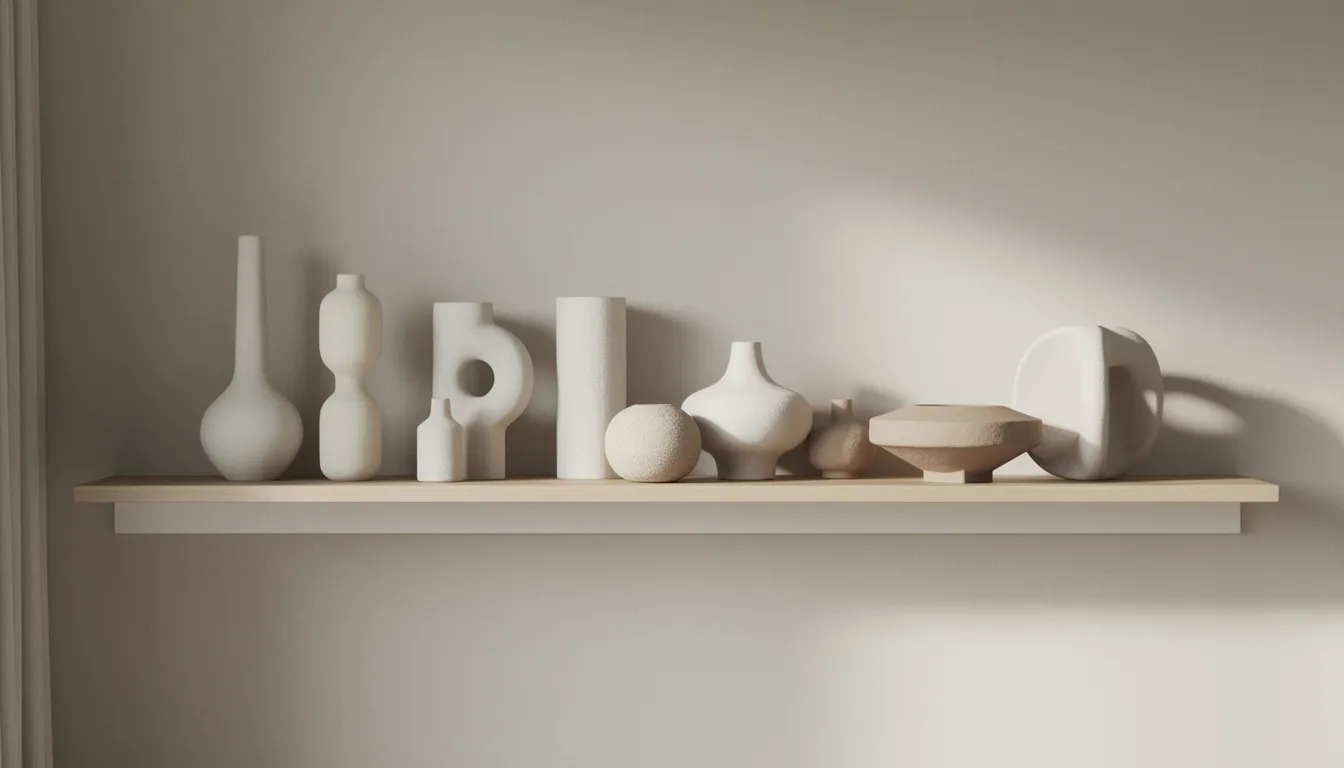 Bildtext: Ett modernt vardagsrum med en hylla som visar upp vackra keramikvaser i olika former och neutrala färger. Vaserna, som varierar i storlek och stil, bidrar till en stilren inredning och passar perfekt för att skapa en elegant atmosfär i hemmet.