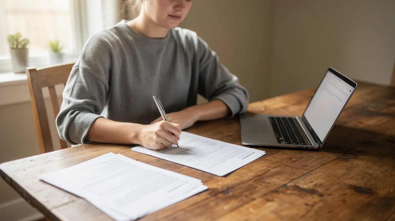 Een persoon zit aan een houten tafel en vult officiële documenten in met een pen en een laptop. De documenten bevatten belangrijke informatie over de burgerlijke staat, zoals huwelijk, geregistreerd partnerschap en eventuele scheidingen.
