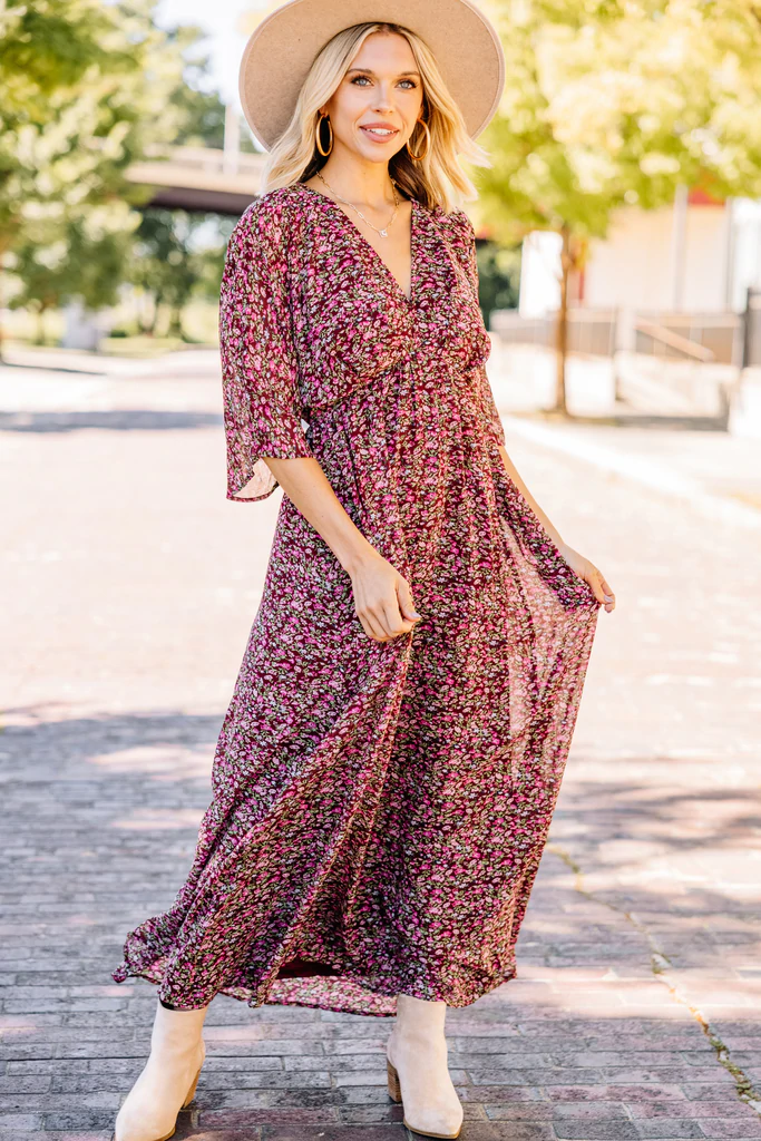 Burgundy Red Ditsy Floral Maxi Dress paird with ankle boots