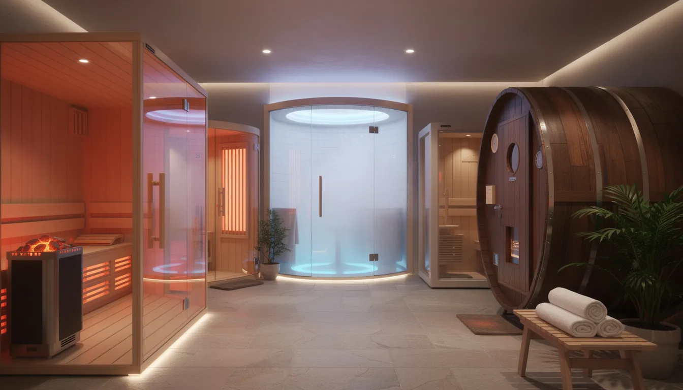 The image showcases a variety of saunas arranged in a spa setting, including traditional saunas and infrared saunas, highlighting their health benefits such as promoting detoxification, improving circulation, and enhancing mental health. Each sauna option invites users to experience deep relaxation and the body's natural detox processes through soothing heat therapy.
