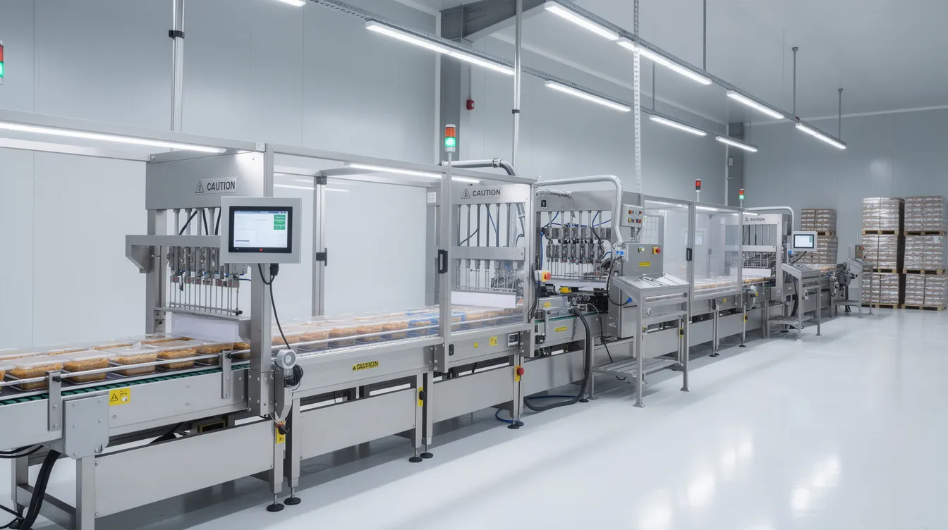The image depicts an automated food packaging line within a clean industrial facility, featuring conveyor belts and filling machines designed for high efficiency in the production of gram flour. This setup is part of a fully automatic besan plant, showcasing advanced besan plant machinery that ensures low maintenance and high-quality output.