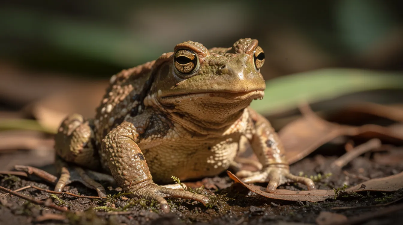 The image depicts a realistic bufo toad, also known as the cane toad or marine toad, showcasing its reddish-brown and grayish-brown skin with short legs and prominent glands behind its eyes. This invasive species is commonly found in tropical areas and is known for its highly toxic secretions, which can pose a risk to pets and wildlife.