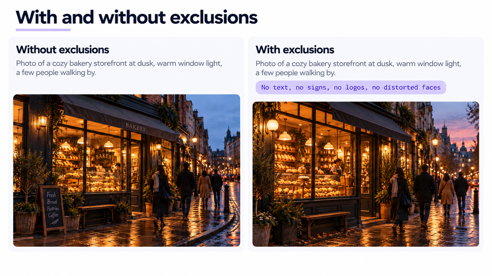 Same prompt with and without an exclusion list, side by side