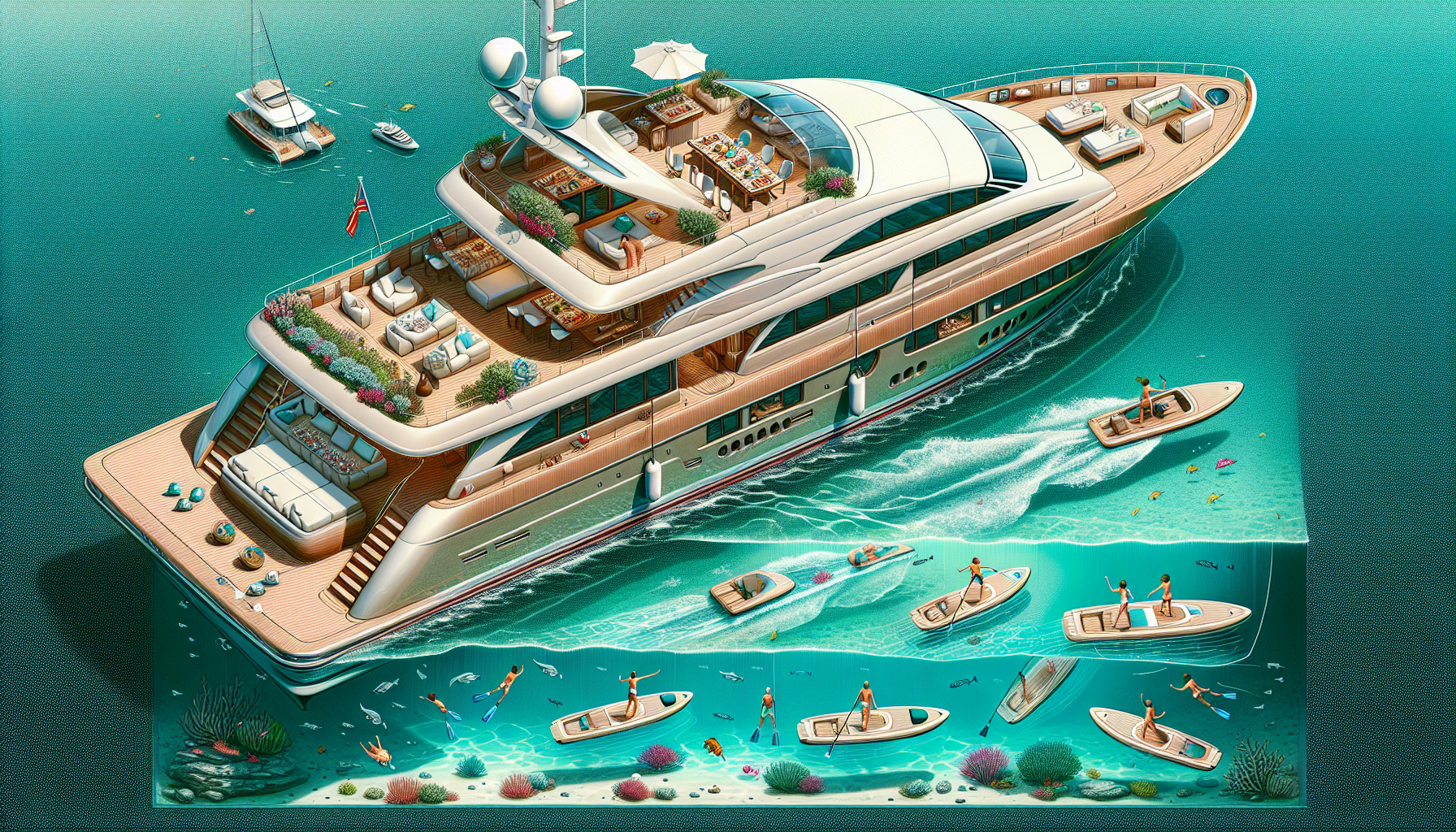 How Much to Charter a Yacht for Your Dream Vacation 4 Illustration of an all-inclusive yacht charter with various recreational activities