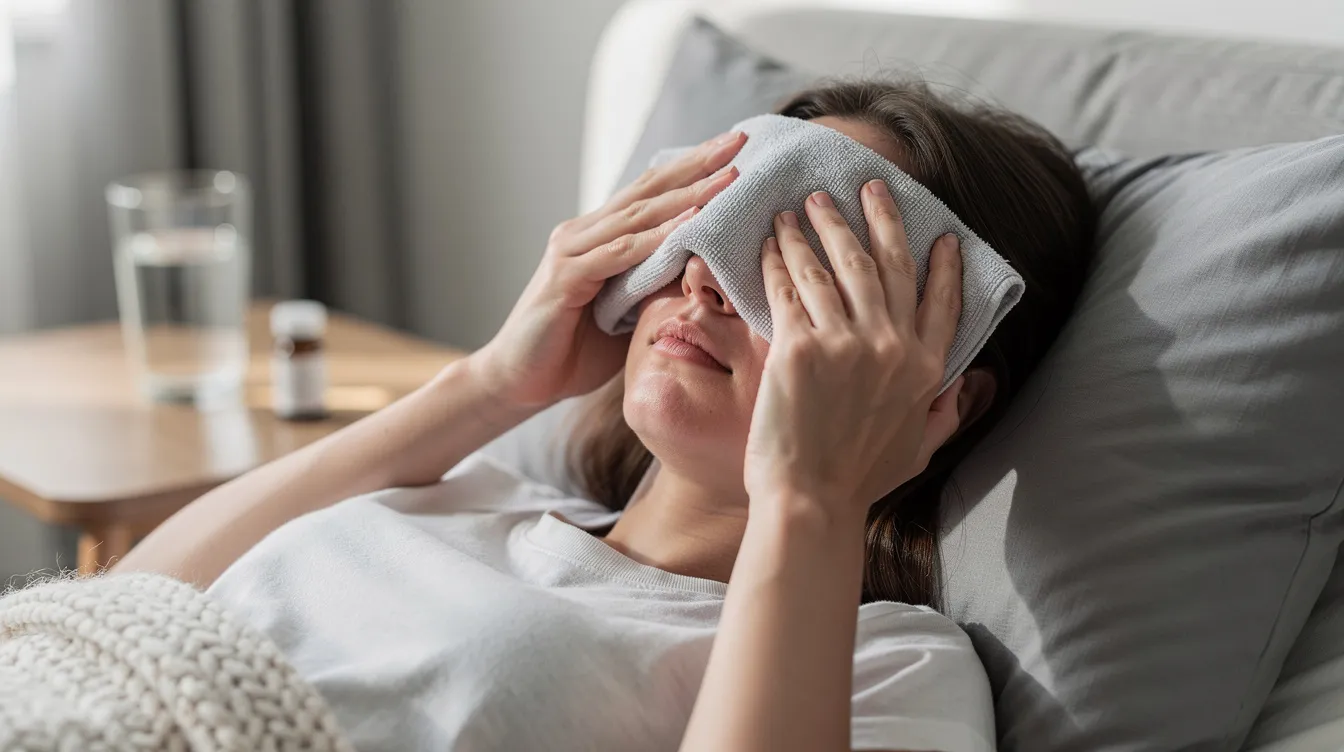 A young woman is gently applying a cold compress to her closed eyes, aiding her recovery after upper eyelid blepharoplasty surgery. This soothing technique helps reduce swelling and discomfort associated with the healing process following the procedure.