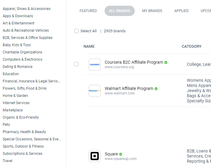 Example of categories and brands on an affiliate network. Source: Impact