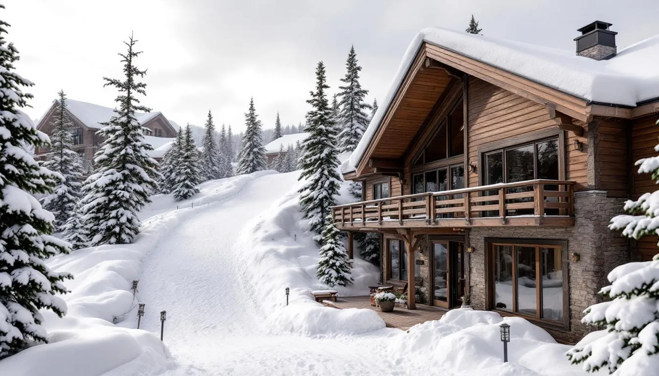 The image depicts a cozy ski-in ski-out condo in Brian Head, showcasing mountain architecture with snow-covered slopes directly accessible from the building. Guests can enjoy convenient access to skiing and snowboarding activities, surrounded by stunning mountain views in this winter wonderland.