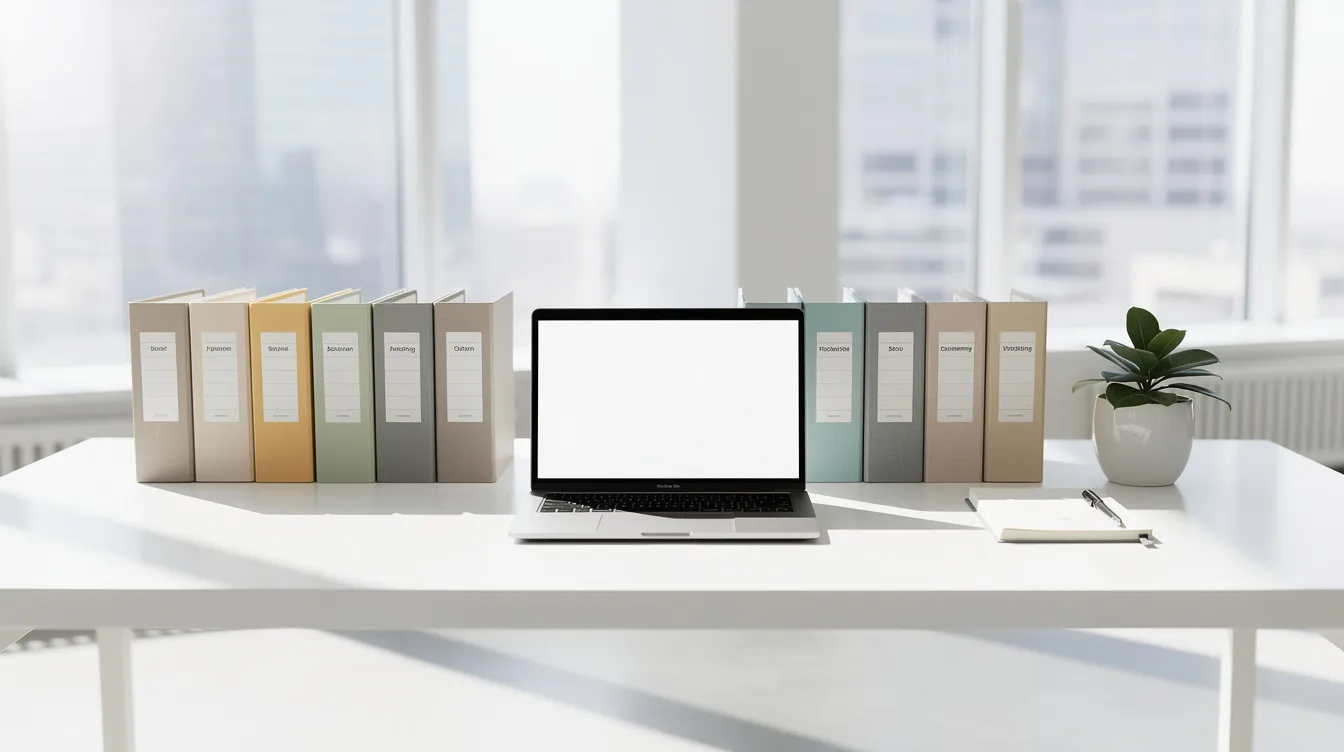 The image depicts a clean, bright office desk featuring neatly organized file folders alongside a laptop, symbolizing effective financial management in property management. This setup reflects the importance of accurate financial reporting and cash flow management for property managers and owners.
