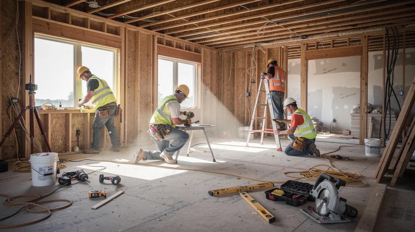 The image depicts construction workers actively renovating the interior of a residential property, showcasing exposed framing and various tools scattered around the space. This scene highlights the ongoing home improvement process, which may influence the property's value and potential home equity line options for homeowners.