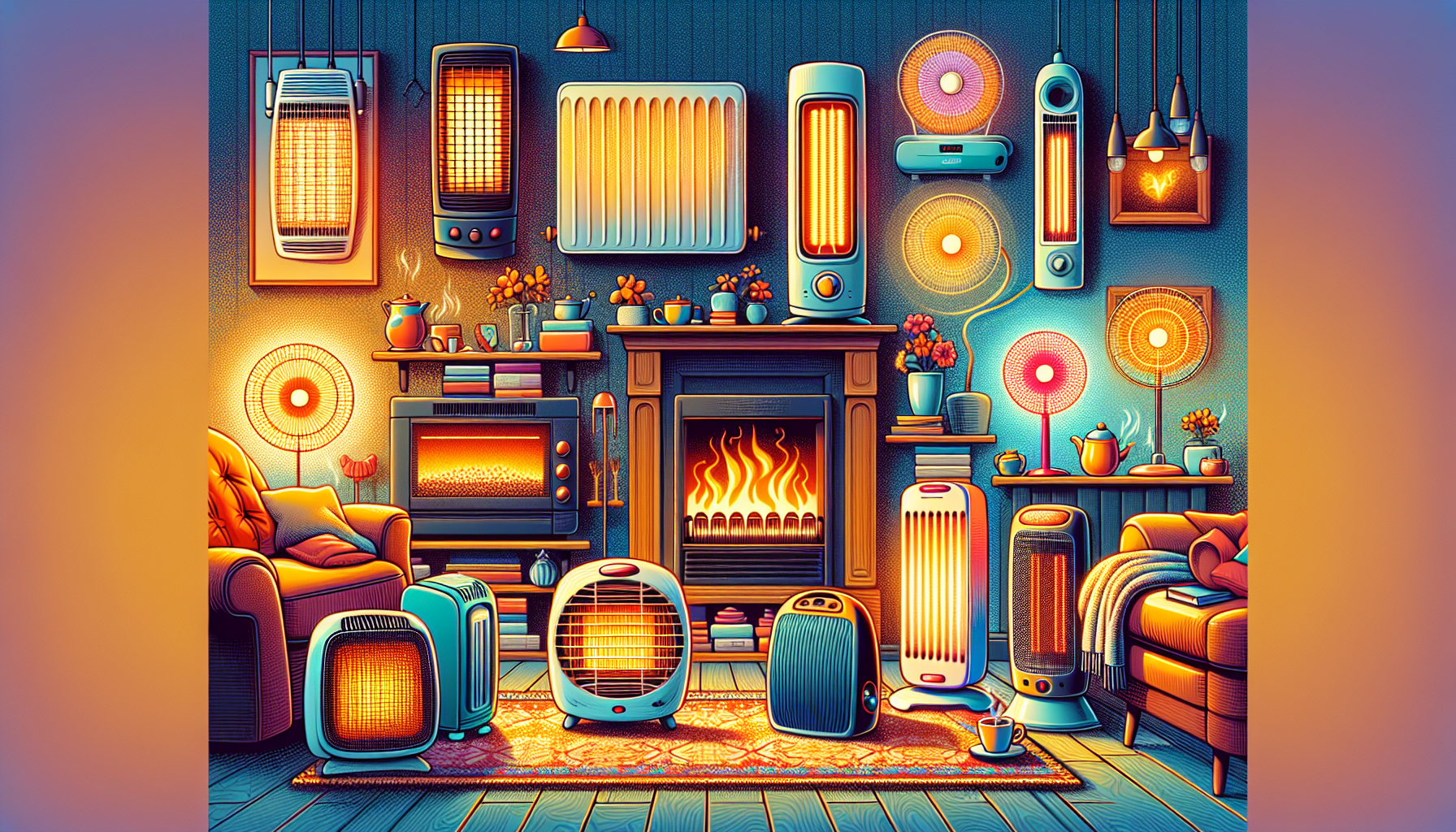 An illustration showing various types of electric heaters.