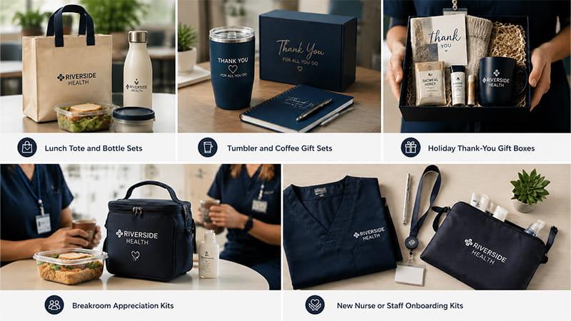 hospital staff gifts collection with lunch tote bags tumbler sets thank you boxes breakroom kits and new nurse onboarding gift packs for healthcare teams