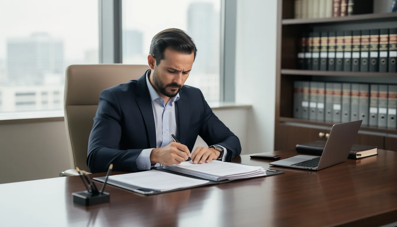 An experienced personal injury attorney is seen reviewing documents in a well-organized office, focusing on the details of a personal injury claim, which may involve medical records and insurance company tactics that can delay fair compensation for injury victims. The attorney's attentive demeanor reflects the importance of thorough legal representation in navigating the complexities of car accident settlements and medical expenses.