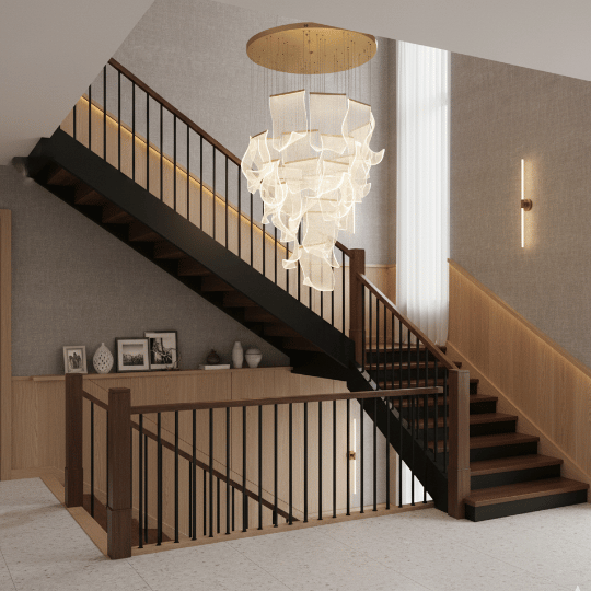 A cascading sculptural chandelier hangs dramatically above a modern wooden staircase, creating a striking focal point in the space. The warm LED accents along the handrails and steps complement the fixture’s glow, offering an elegant example of small staircase lighting ideas.