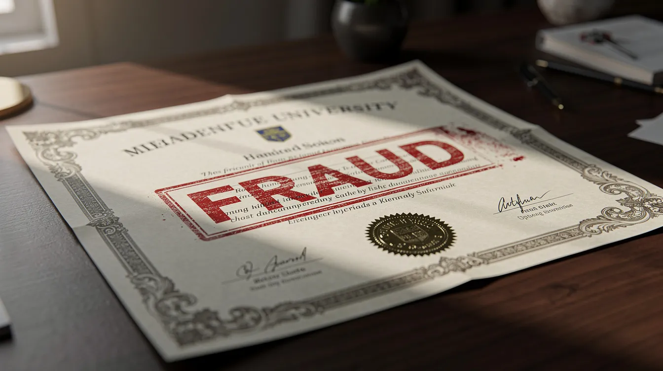 The image features a fake diploma prominently stamped with a red "fraud" mark, highlighting the risks associated with using fake credentials for personal gain. This representation serves as a warning about the serious consequences of academic fraud, including potential legal action and criminal charges.