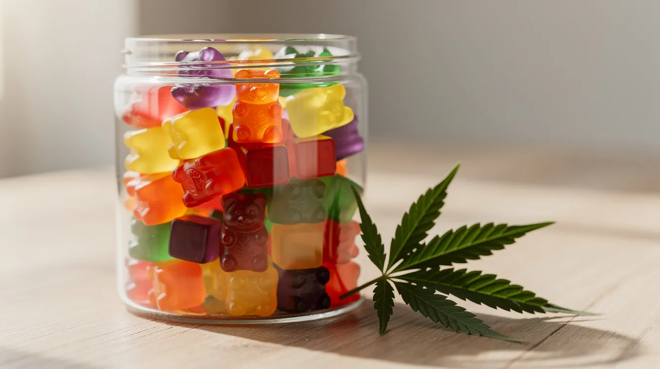 The image features a clear glass jar filled with vibrant, colorful CBD gummies, arranged neatly on a light wooden table, with a small hemp leaf placed beside the jar. These gummies, which may include options like full spectrum CBD gummies or broad spectrum CBD gummies, are visually appealing and suggest a natural, hemp-derived product.