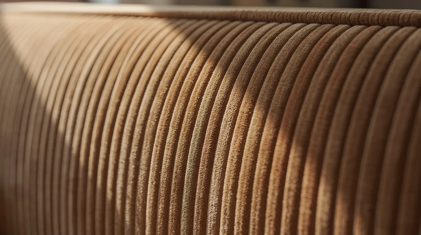 Close-up van een ribstof bank in een warme aardkleur, met duidelijke verticale ribbels die de luxe uitstraling benadrukken. Deze stoffen bank vraagt om regelmatig onderhoud, zoals het voorzichtig verwijderen van vlekken met een zachte doek en het regelmatig stofzuigen om stof en vuil te voorkomen.