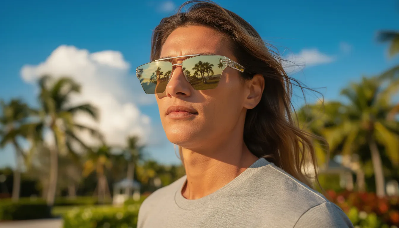 A person is enjoying a sunny day in Florida while wearing stylish sunglasses, exuding a relaxed and trendy vibe. The bright blue sky and palm trees in the background suggest a vibrant outdoor setting, perfect for those considering cosmetic procedures like eyelid surgery or facial rejuvenation in West Palm Beach or Wellington, FL.