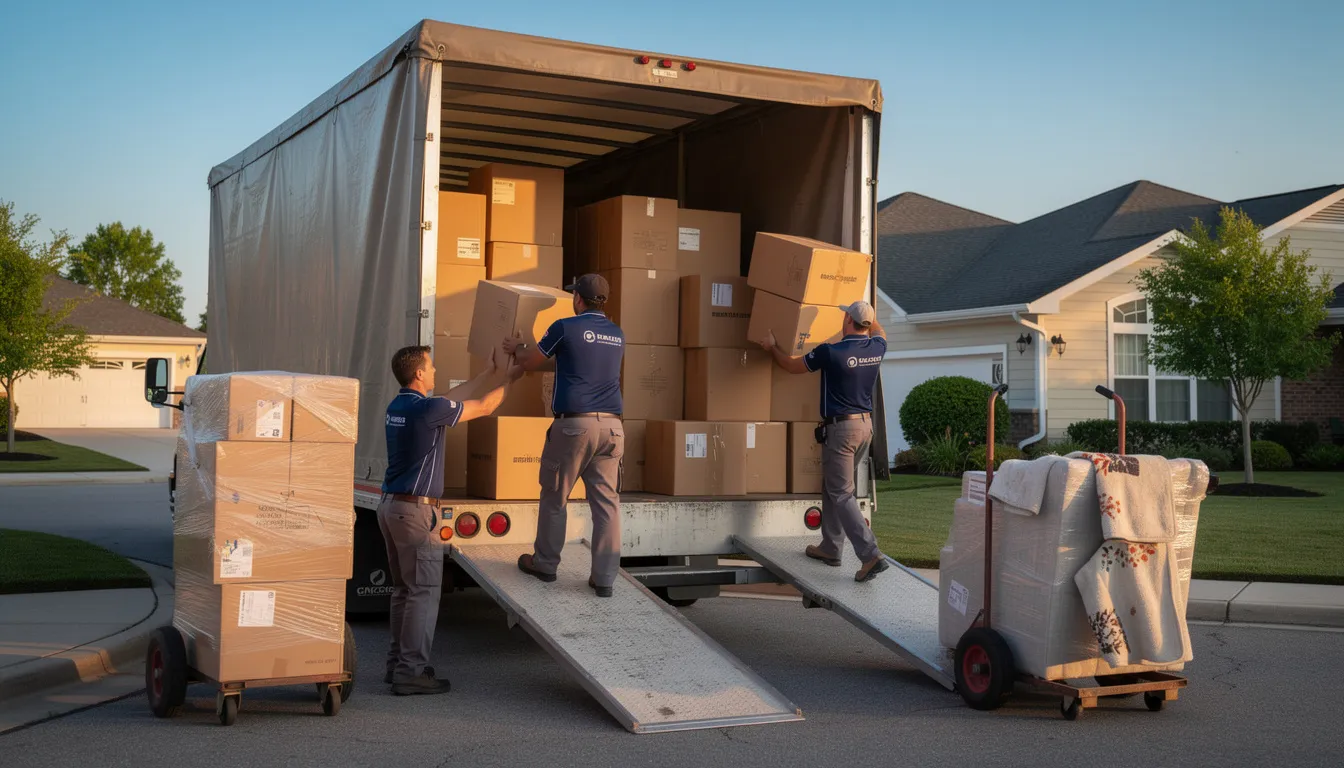 A team of professional movers is efficiently loading boxes into a covered moving truck, showcasing their dedication to providing high-quality packing services. The movers are using proper packing materials to ensure that all household items, including fragile items, are transported safely to the new location.