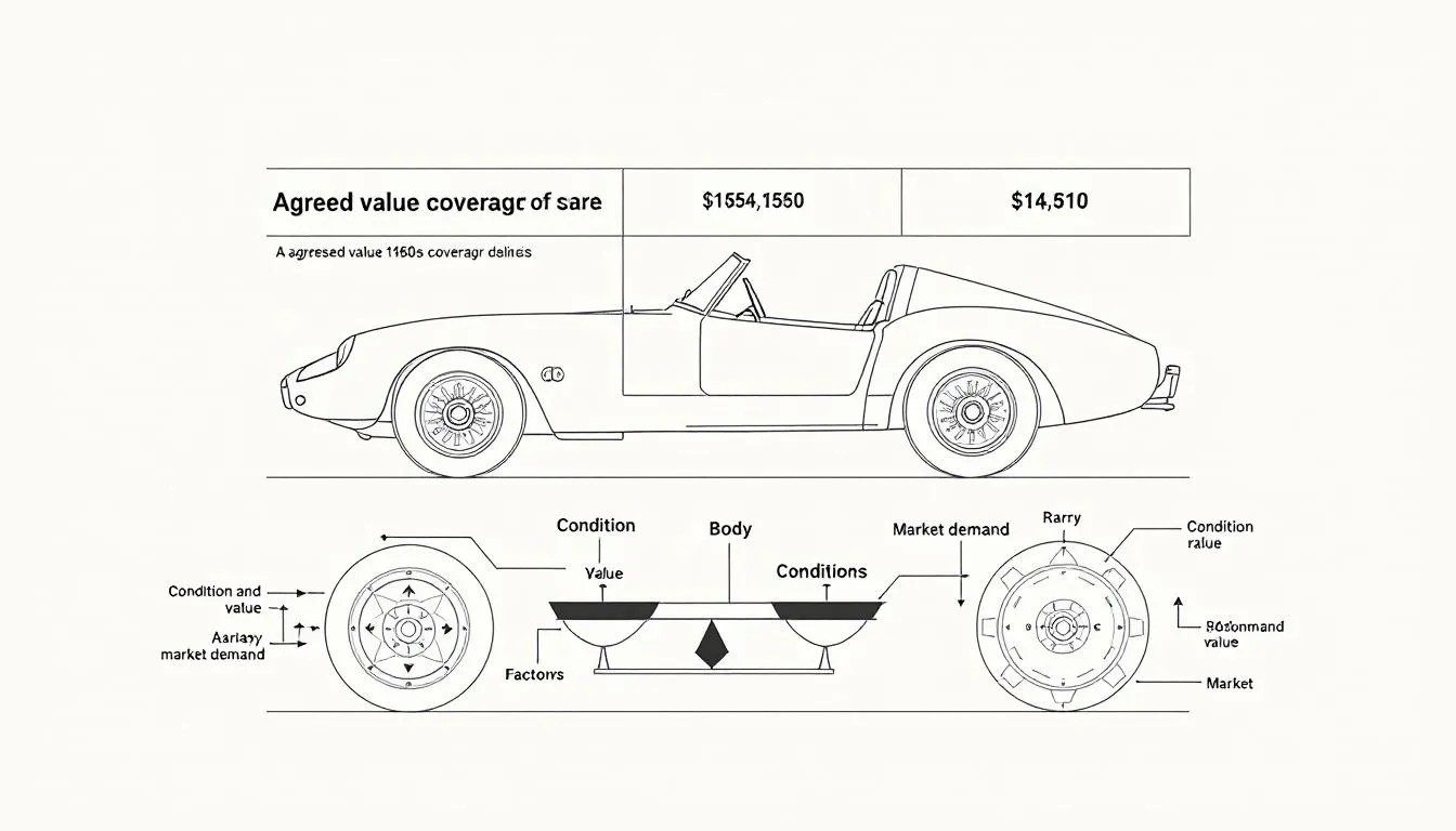 An illustration showing the concept of agreed value coverage in classic car insurance.