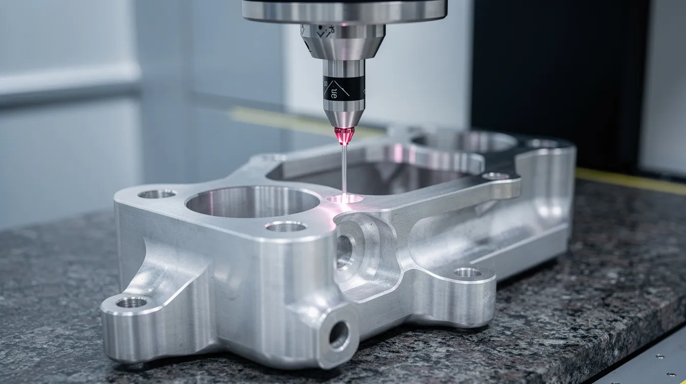 A coordinate measuring machine probe is inspecting a precision machined aerospace bracket, showcasing the critical quality control processes in aerospace CNC machining. This image highlights the importance of tight tolerances and advanced technology in the manufacturing of complex aerospace components.