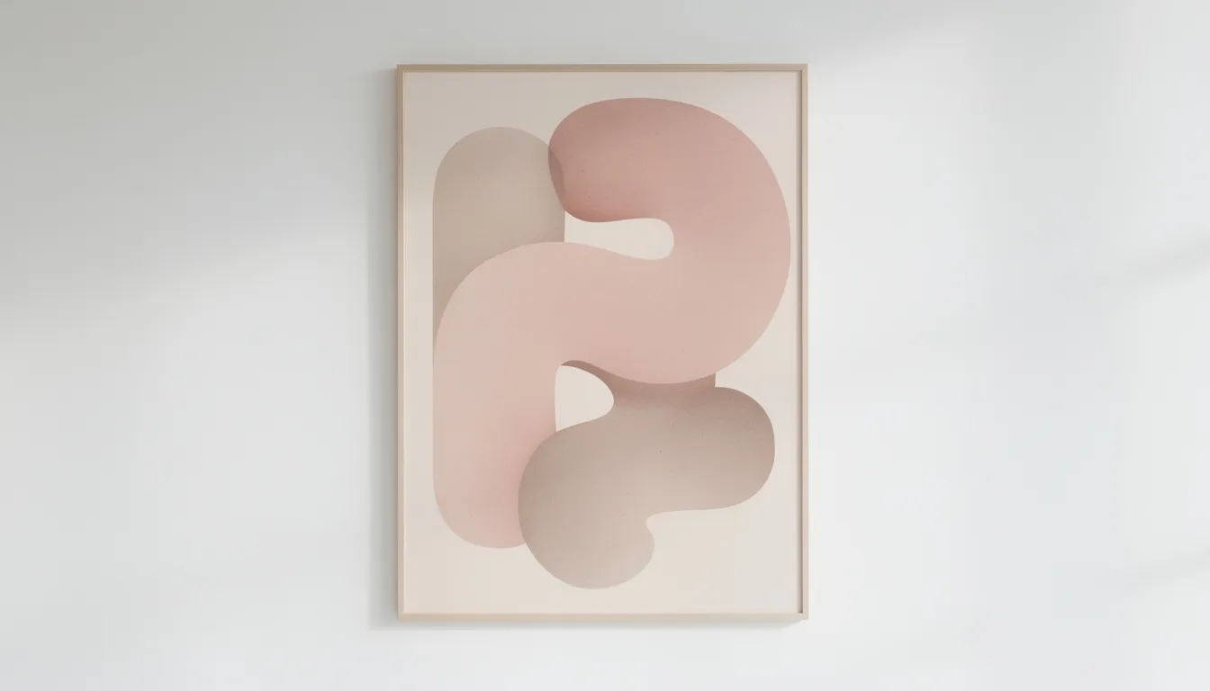 En abstrakt poster med mjuka former i rosa och beige toner hänger på en vit vägg. Konstverket erbjuder betraktaren en unik tolkning av färger och former, vilket skapar en harmonisk atmosfär i rummet.