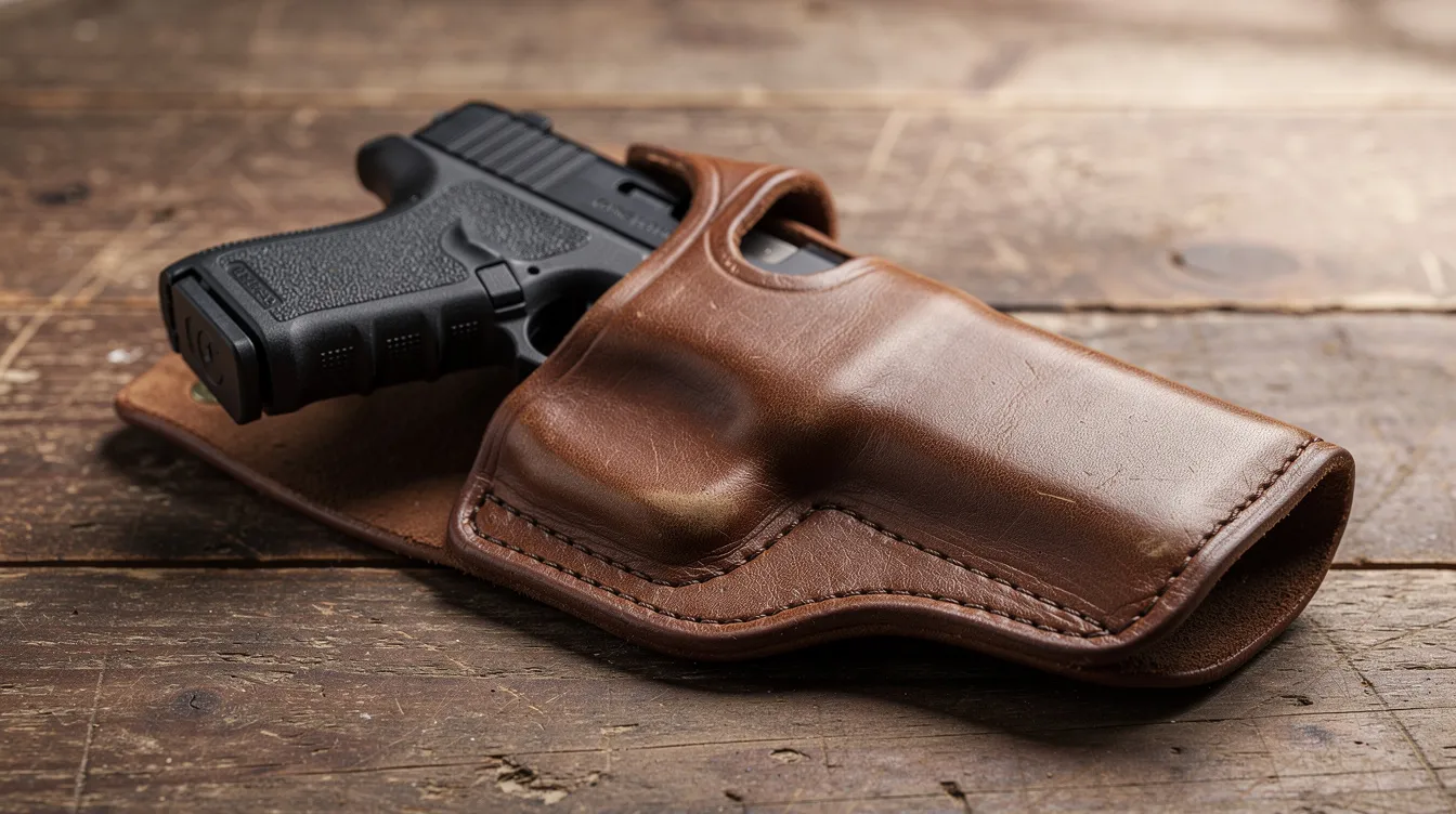 The image shows a leather holster holding a handgun resting on a wooden table, symbolizing the importance of firearm possession under Oklahoma gun laws. This visual representation highlights the considerations surrounding concealed carry and self-defense in accordance with state law.
