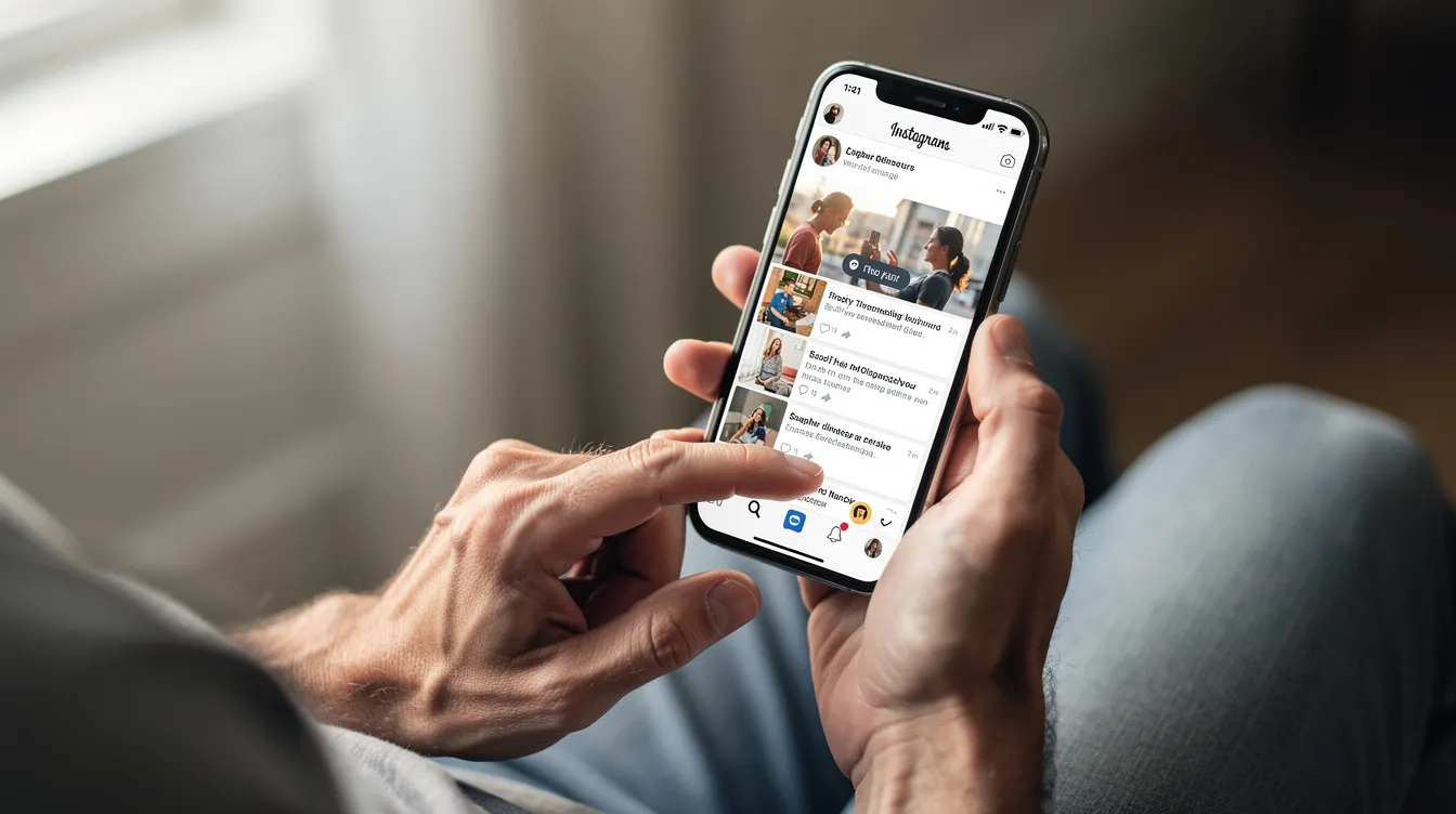 A person is holding a smartphone and scrolling through their Reddit account, possibly reviewing their own posts and comments. The individual appears engaged in the content, with the screen displaying various threads and interactions.