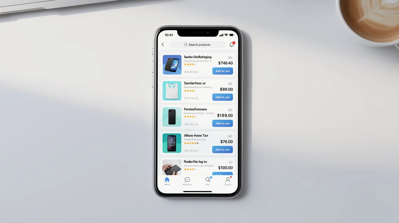 A smartphone screen showcases a vibrant marketplace app interface featuring various product listings, including vintage clothing and craft supplies, designed for local sales. The app highlights options for local pickup and shipping, catering to casual sellers and buyers looking to sell stuff online with minimal selling fees.