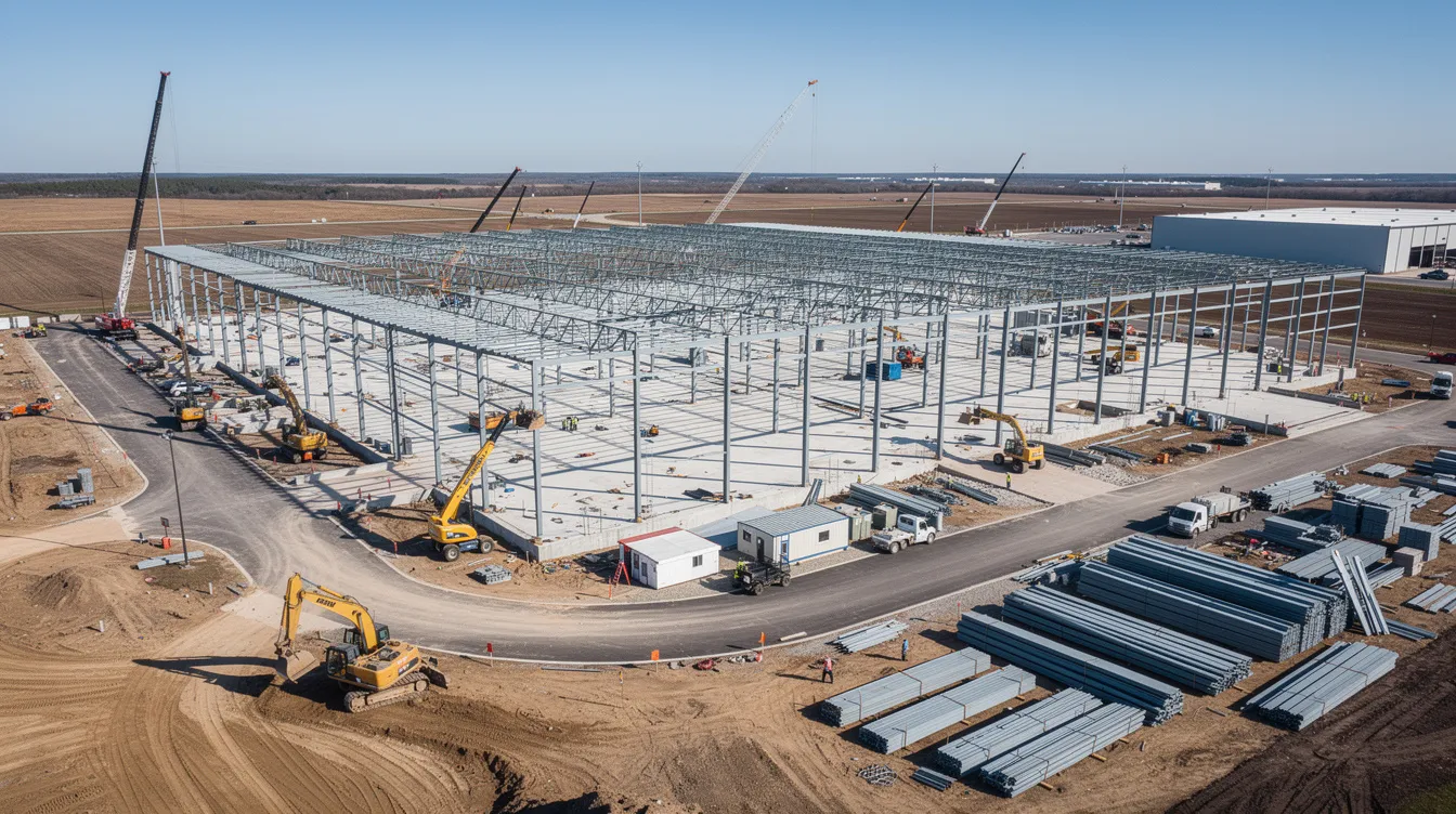 An aerial view captures a large warehouse construction site, showcasing steel framing and various construction equipment, highlighting the complexity of the project. This scene reflects the importance of accurate construction estimating and project management in the construction industry.