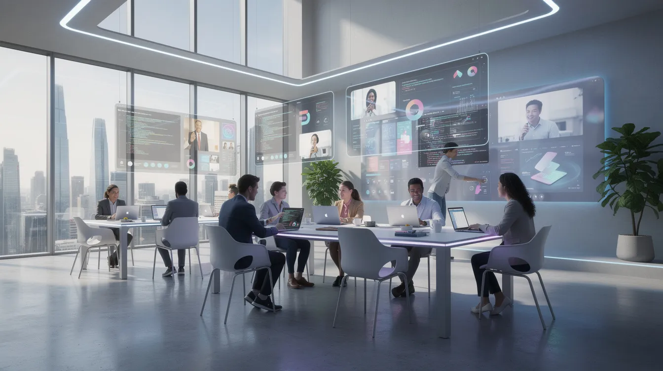 42a4ff00 d966 4eb3 b3e6 a4f710741acd The image depicts a futuristic coworking space filled with diverse individuals collaborating on laptops and digital screens, embodying the essence of a successful online business environment. This vibrant setting highlights the potential for online business ideas and digital marketing strategies, as people engage in discussions about various online platforms and profitable business opportunities.