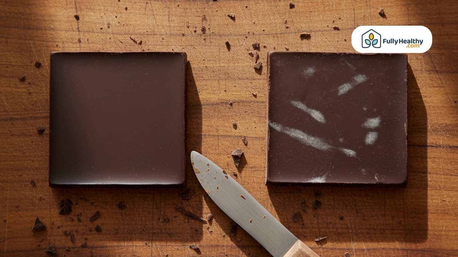 Two chocolate squares on wooden board one with bloom one perfectly smooth