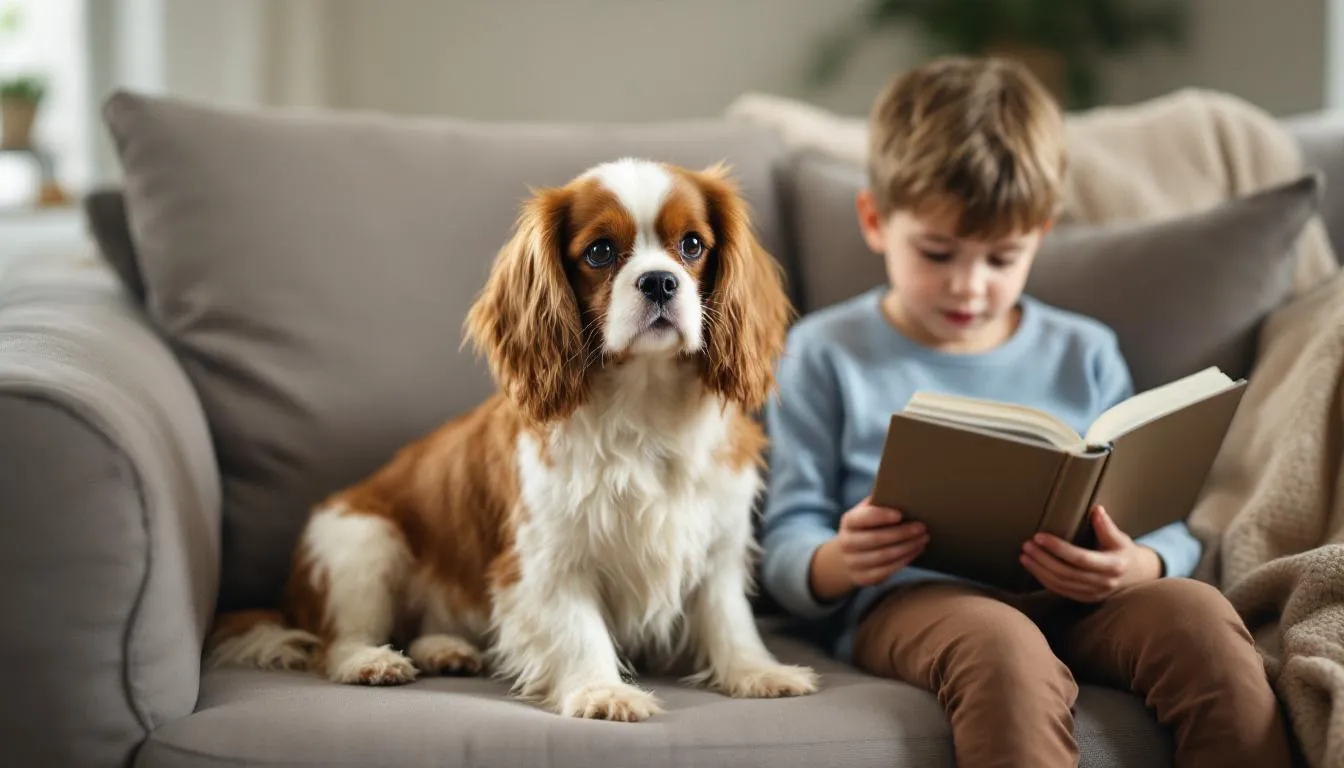 A small Cavalier King Charles Spaniel sits calmly on a couch next to a young child who is engrossed in reading a book, showcasing the dog