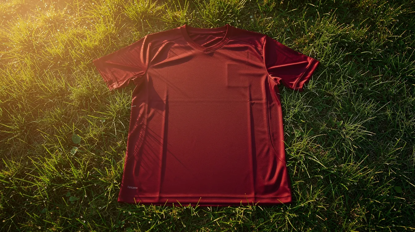 A deep red England football shirt is laid flat on vibrant green grass, illuminated by the warm evening light, symbolizing the hope and ambition of the England squad as they prepare for future tournaments. The shirt reflects the enduring symbolism of English football and the excitement surrounding the new era of the national team.