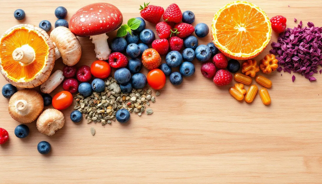The image features a vibrant assortment of supplement ingredients, including various mushrooms, colorful berries, and fresh herbs, all artfully arranged on a rustic wooden surface. These ingredients are known for their potential to support a healthy immune system and enhance overall wellness in pets, particularly dogs and cats.