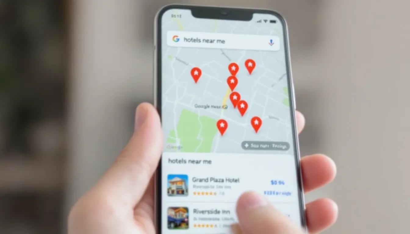 A smartphone screen showcases Google Maps with various hotel search results displayed as location pins, highlighting the importance of local SEO for hotels to improve their online visibility and attract potential guests. The map also indicates nearby attractions, enhancing the user experience for those seeking accommodations.
