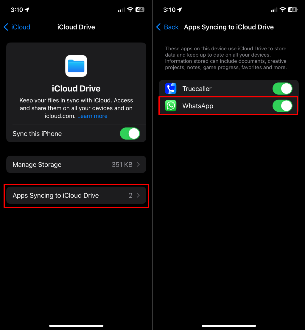 Step to sync WhatsApp to iCloud Drive on iPhone