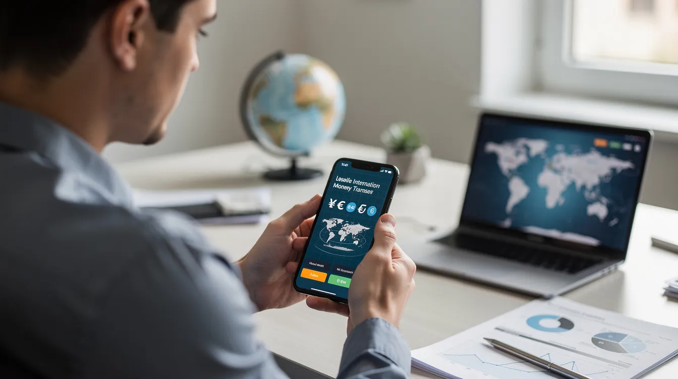 A person is sitting at a desk, using a smartphone to initiate an international money transfer, likely sending money abroad through HDFC Bank's online portal. The individual appears focused, ensuring all necessary details and security checks are in place for a successful transaction.