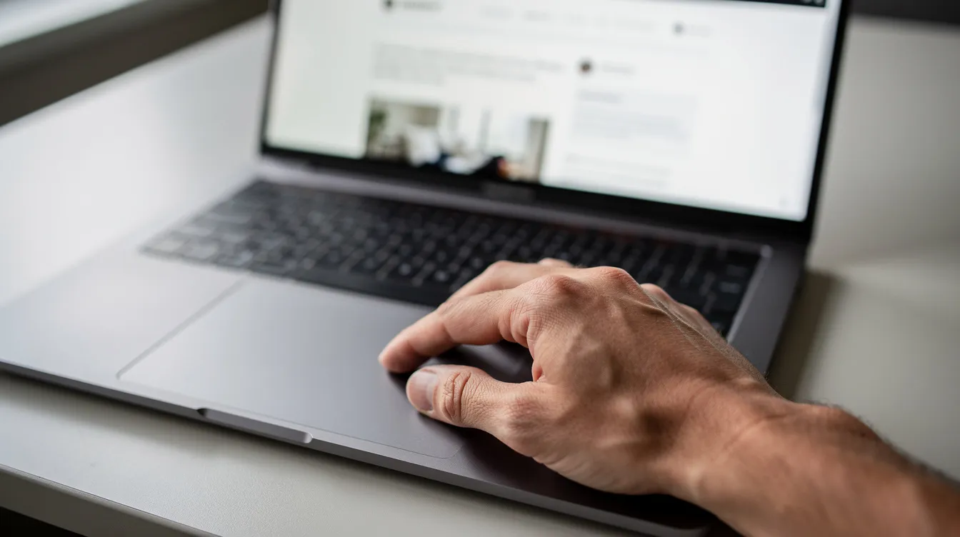 A person is clicking on a laptop touchpad while viewing a webpage, likely analyzing data related to an email marketing campaign or tracking click through rates for advertisements. The screen displays various metrics, emphasizing the importance of improving click through rates for successful online marketing.