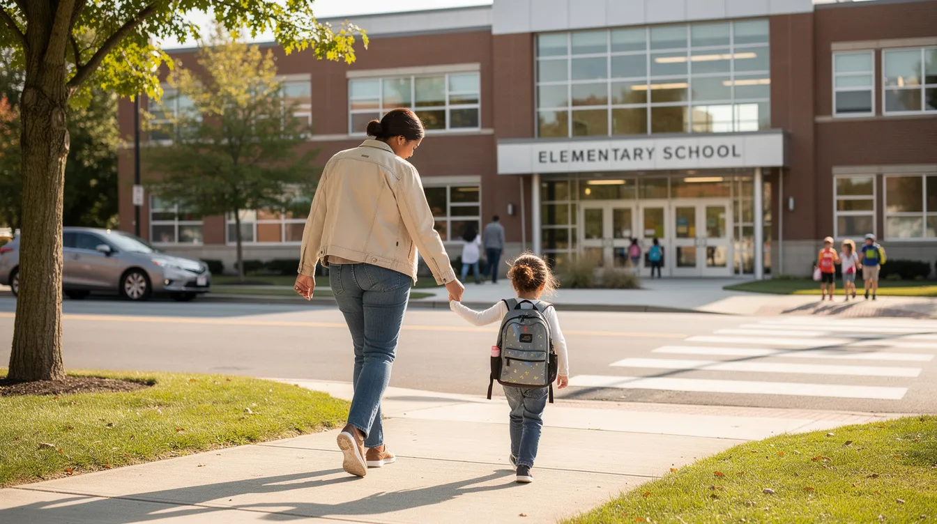 The image depicts a parent walking hand-in-hand with a child near a school building, symbolizing the importance of family connections in child custody matters. This scene reflects the nurturing relationships that are often considered during custody decisions in family law cases.