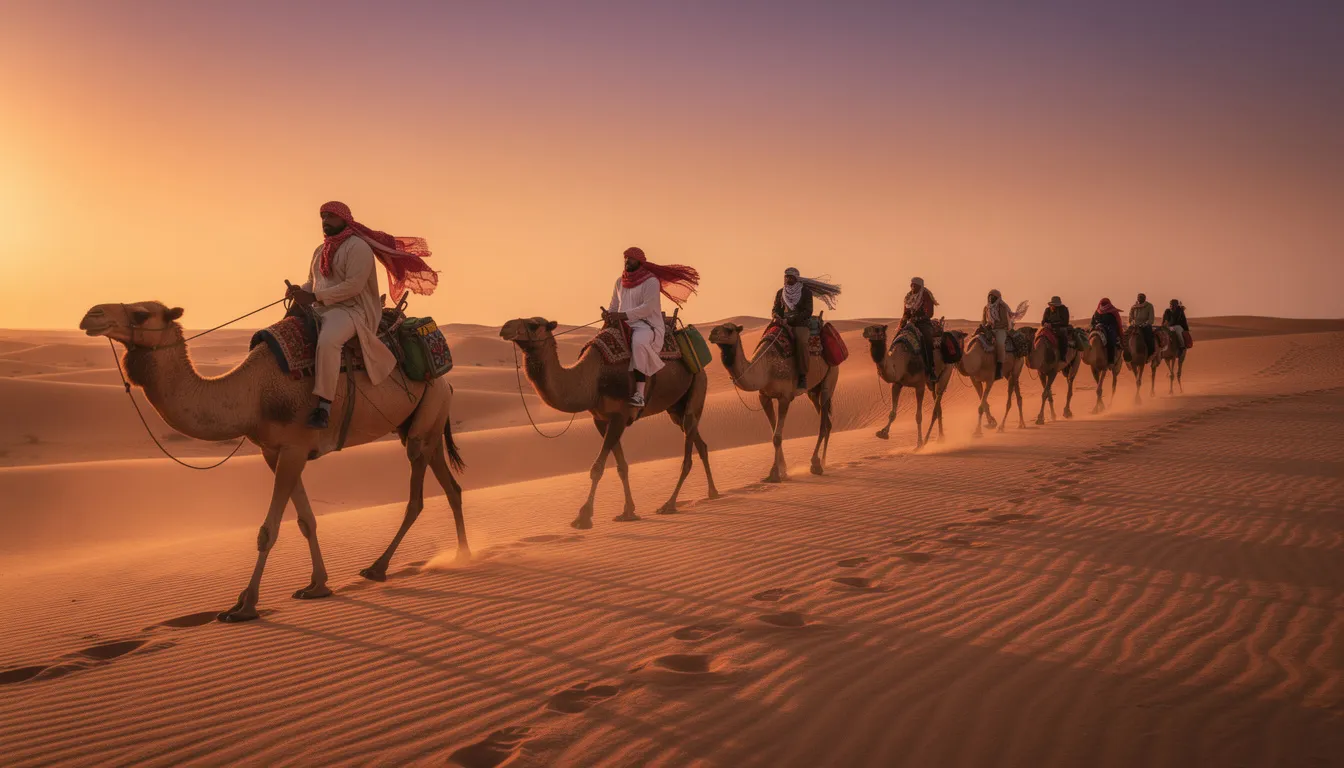 A group of travelers, including female solo travelers, ride camels across the vast Sahara Desert dunes at sunset, bathed in warm orange light. This serene moment captures the essence of adventure and exploration in beautiful Morocco, perfect for those seeking a unique solo trip experience.