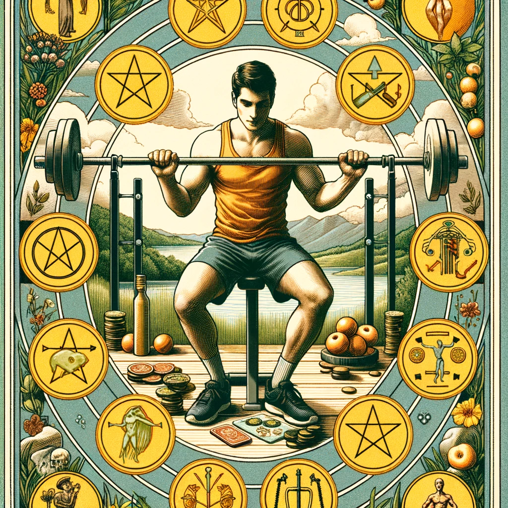  a figure engaged in fitness activity, surrounded by eight pentacles representing various health aspects, set against a gym and natural backdrop, symbolizing a disciplined, consistent approach to achieving optimal health.