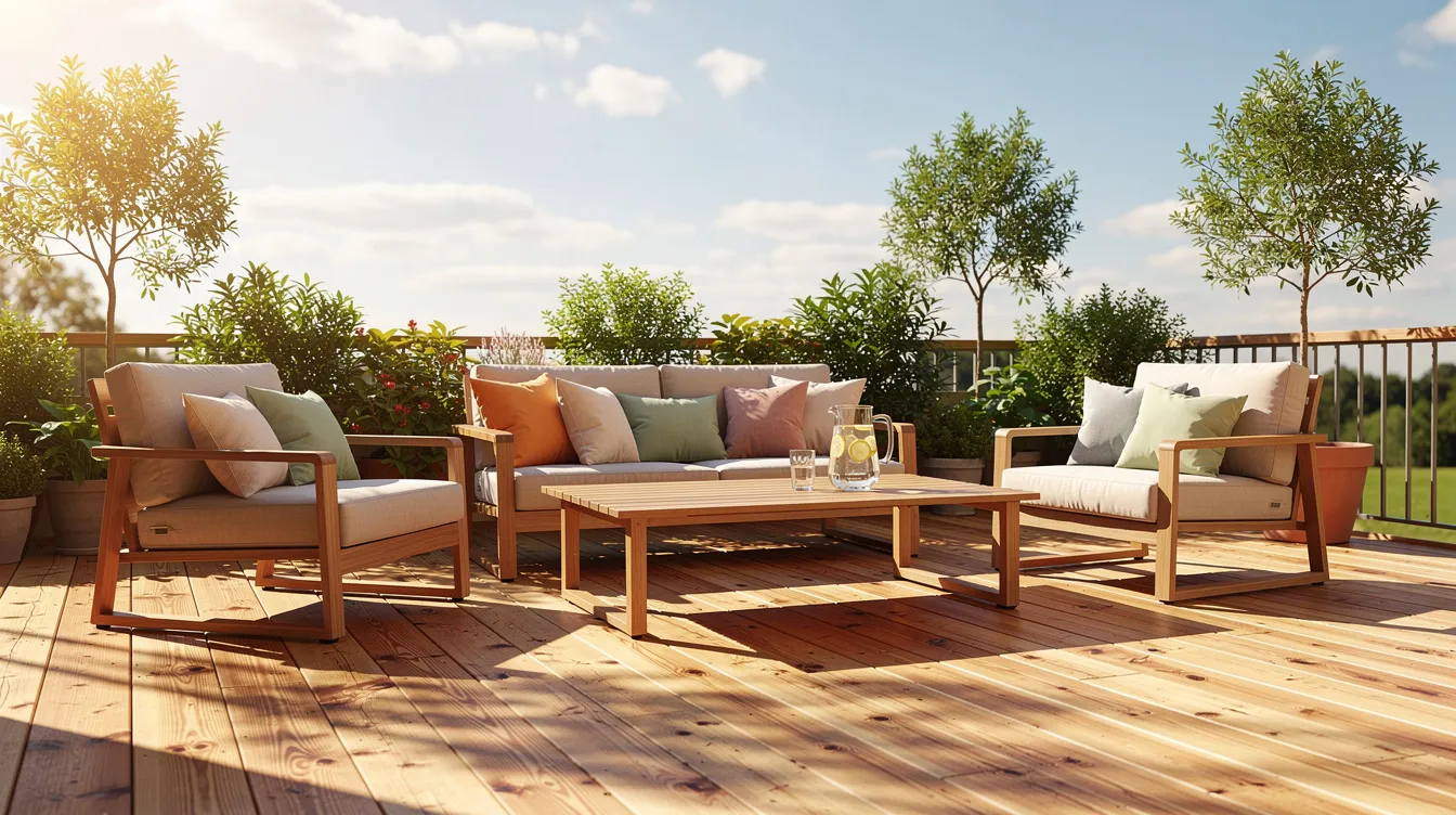 Na drewnianym tarasie w słoneczny dzień znajdują się meble ogrodowe, które podkreślają naturalne piękno drewna. Struktura drewna sosnowego jest widoczna, a odpowiednia impregnacja zapewnia mu długotrwałą ochronę przed zmiennymi warunkami atmosferycznymi oraz promieniowaniem UV.